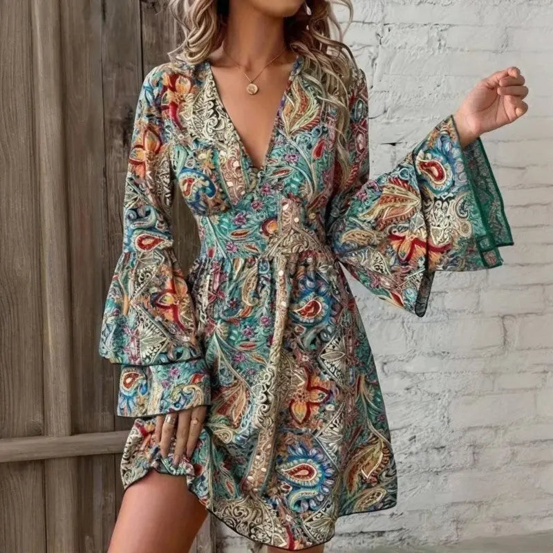 Elegant V-Neck Floral Print Dress - Layered Bell Sleeves, A-Line Waisted Party Dress For Women, Spring Summer Holiday Outfit Lady T Fashions