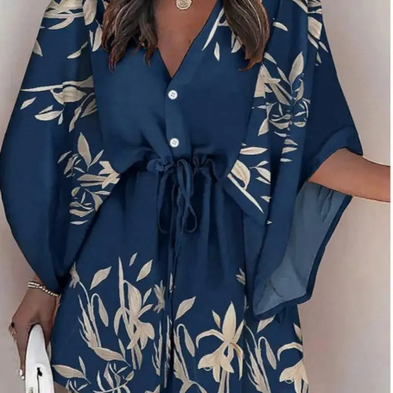 Women's Printed Batwing Sleeve Dress With Botanical Design Lady T Fashions