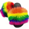 Women's Rainbow Fur Slippers, Comfortable Open Toe Slip On House Shoes, Women's Fashion Slippers Lady T Fashions