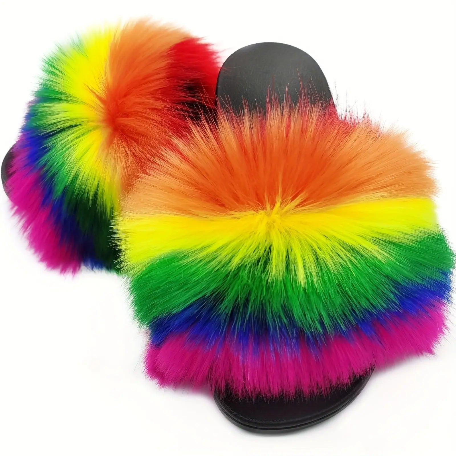 Women's Rainbow Fur Slippers, Comfortable Open Toe Slip On House Shoes, Women's Fashion Slippers Lady T Fashions