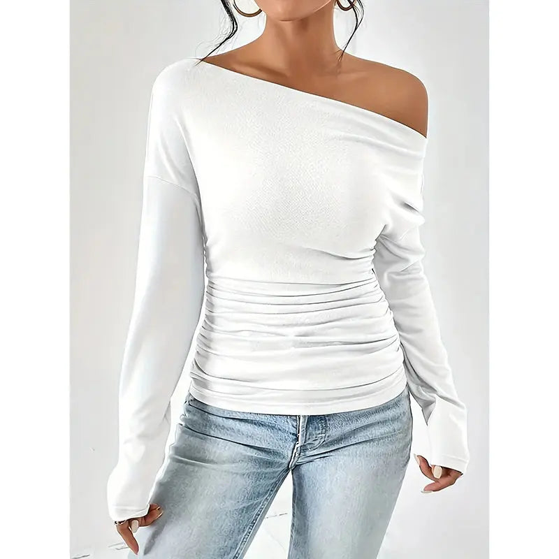 Women's Off The Shoulder Tops Long Sleeve T Shirts Going Out Tops Casual Trendy Ruched Slim Fitted Tees Lady T Fashions