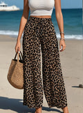 Women's Plus Size Leopard Print Wide Leg Pants - Elastic Waist, Loose Fit Casual Straight Leg Trousers For Spring Summer Fall, Lightweight Polyester Blend, Perfect For Beach Or Outdoor Outings Lady T Fashions