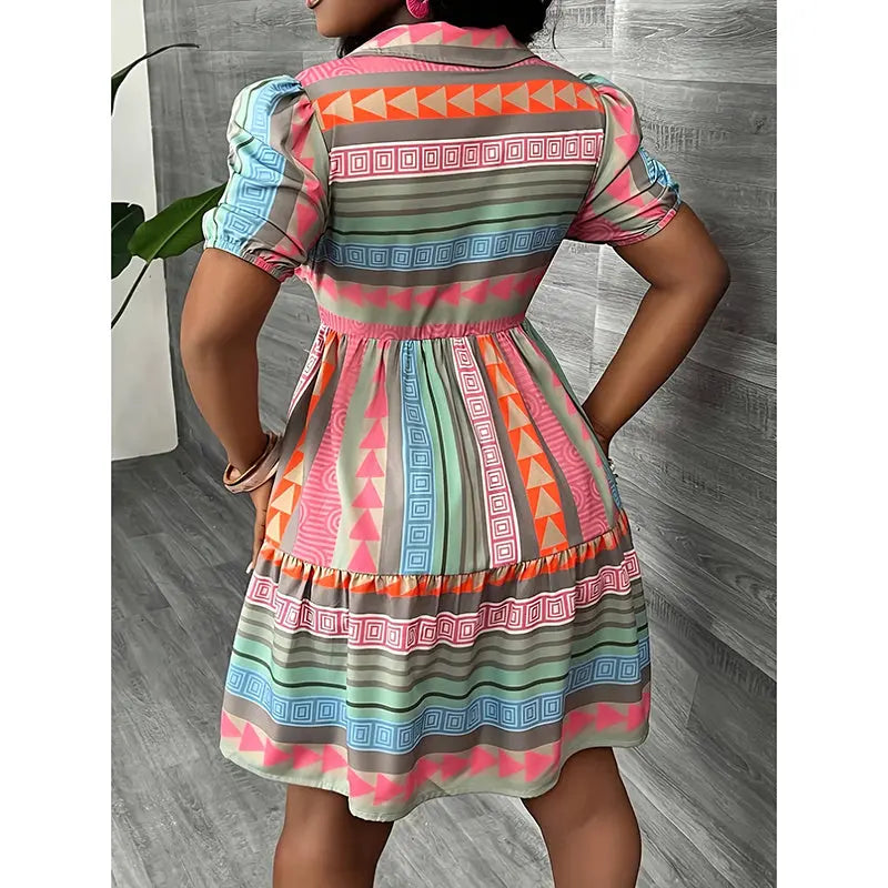 Women's Printed Collar Button Down Dress - Puff Short Sleeve Mini Shirt Dress Lady T Fashions