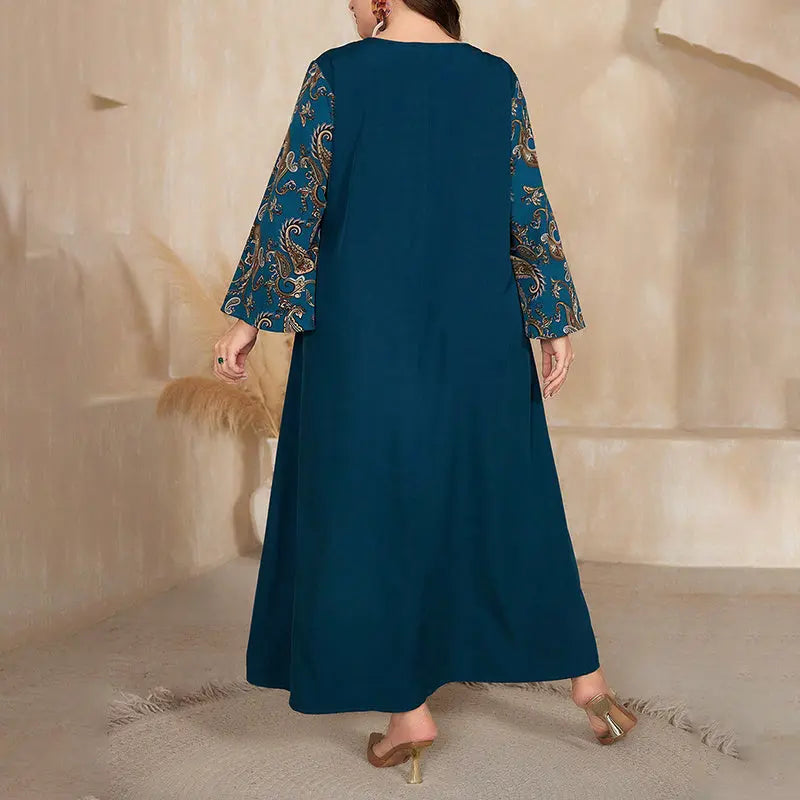 Women's Plus Size Bohemian Floral Printed Maxi Dress, Pleated Front Long Sleeve Crew Neck Loose Fit Lady T Fashions