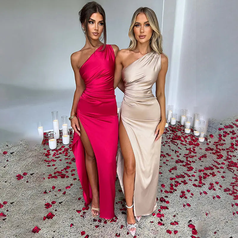 Sexy One-shoulder Backless Slit Dress Summer Elegant Slim-fit Solid Color Satin Dresses For Women Lady T Fashions