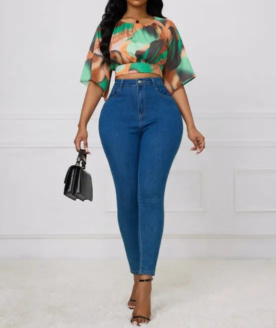 Ladies' Round Neck Printed Waist Cinched Shirt Top Lady T Fashions