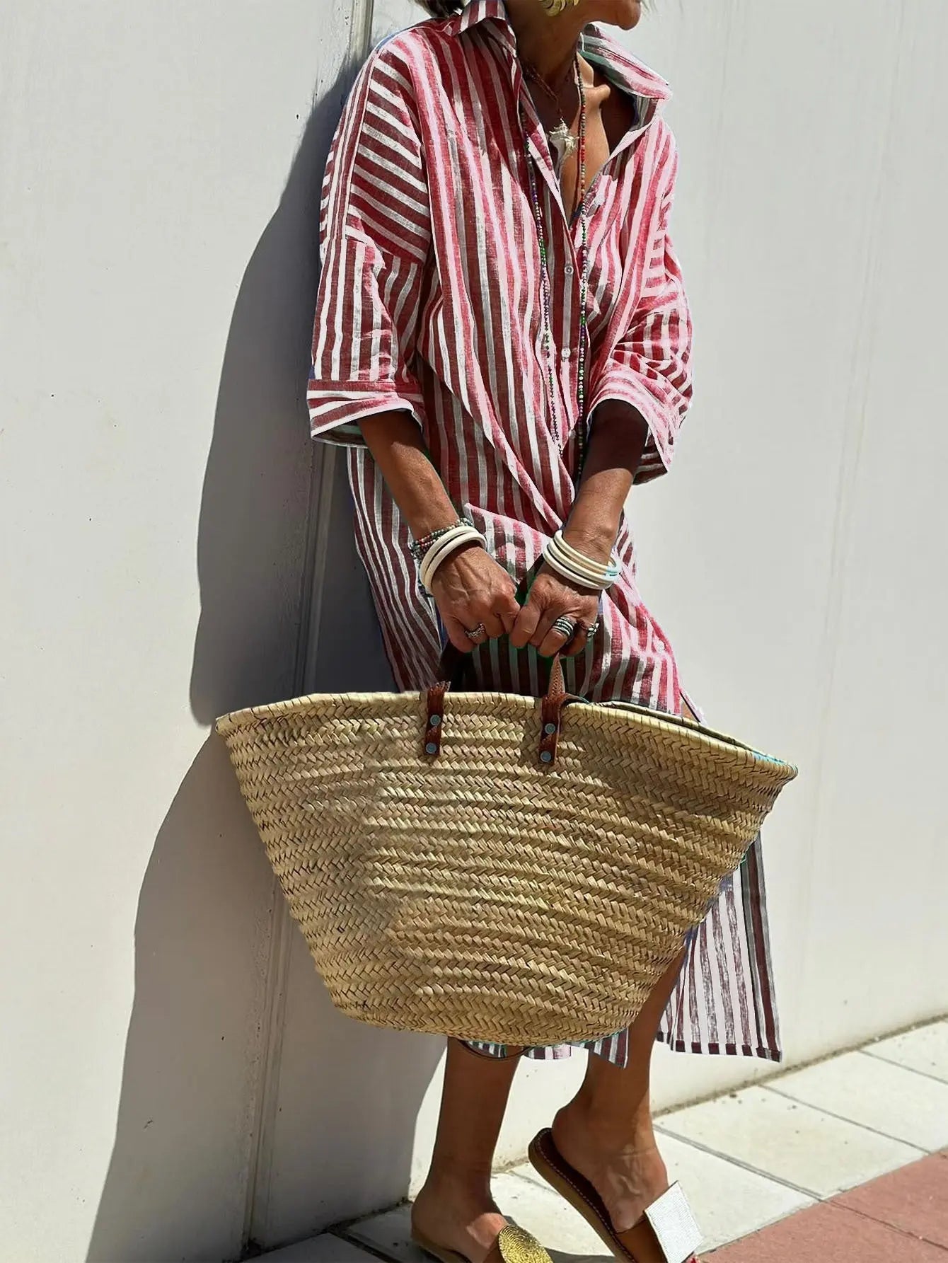 Striped Shirt Dress With Belt Fashion Half-sleeved Lapel Button Cardigan Dresses Women's Clothing Lady T Fashions