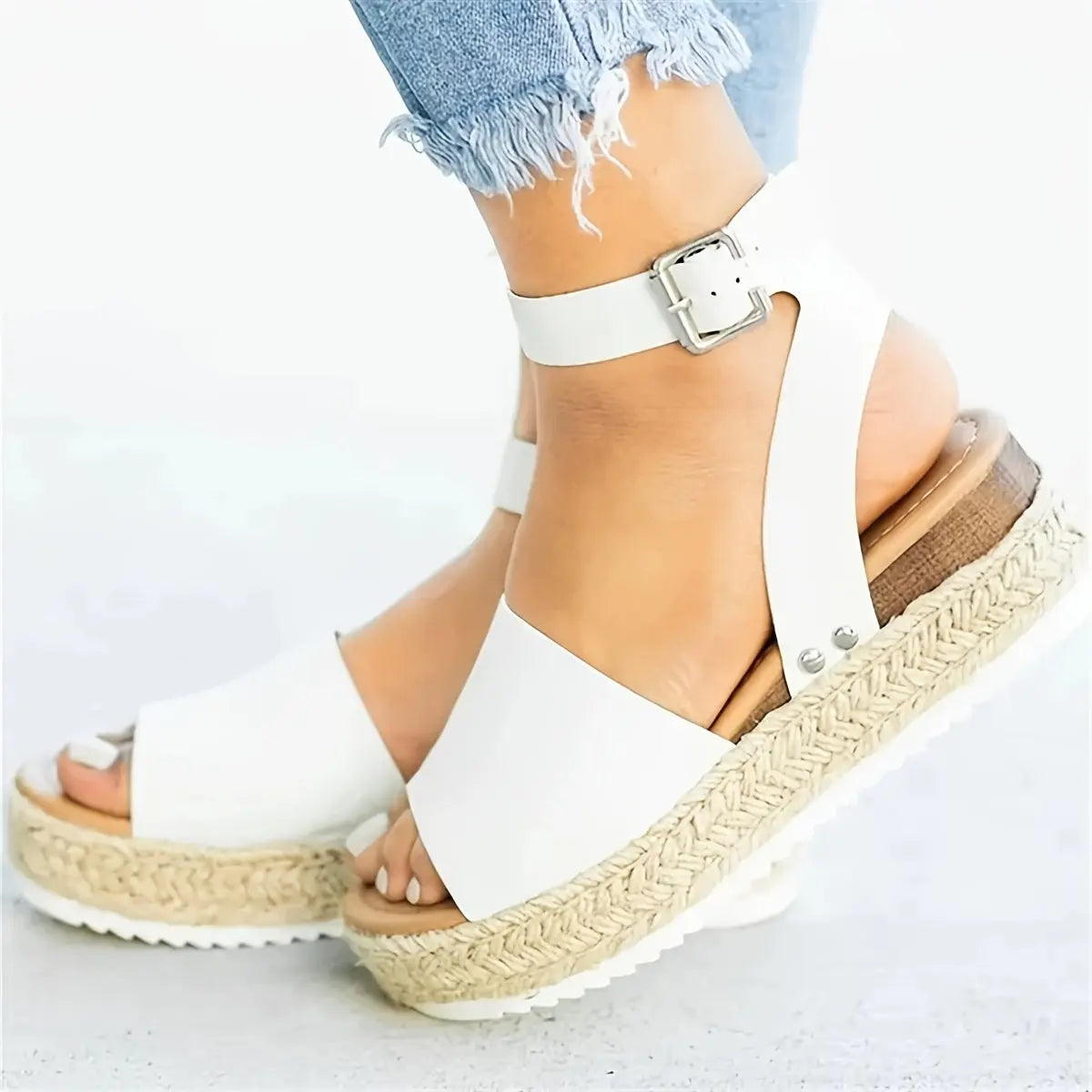 Mid Heel Platform Espadrille Sandals - Buckle Ankle Strap, Open Toe, Lightweight, Non Slip, Faux Leather Upper, PU Sole, Comfortable, Casual, Solid Color, Summer Shoes for Women Lady T Fashions