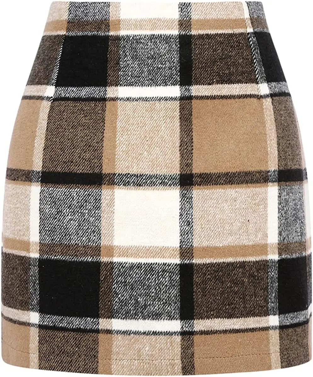 Women's High Waist Plaid Tight Pencil Wool Mini Skirt Lady T Fashions