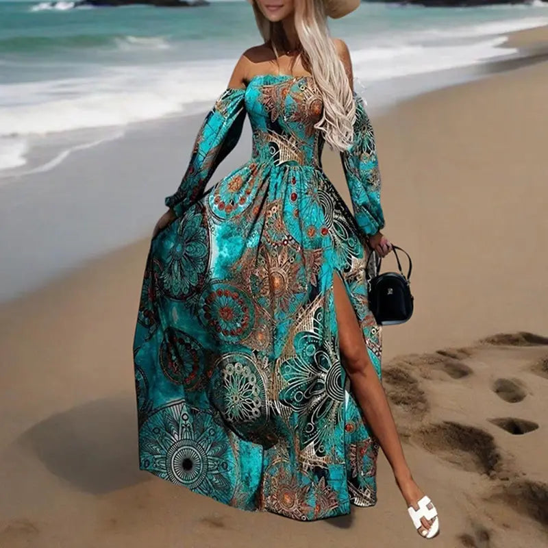 Women's Strapless Off-Shoulder Long Sleeve A-Line Dress - Bohemian Beach Maxi Dress With High Slit For Summer Vacation Lady T Fashions