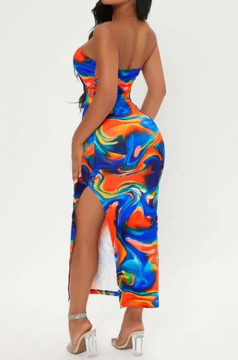 Ladies' Printed Strapless Side Slit Slim Fit Dress With Slimming Effect And Hip Hugging Design Lady T Fashions