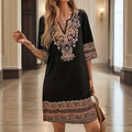 Women's V-Neck Middle Eastern Style Floral Print Midi Dress - Elegant Sleeve Design Lightweight Perfect For Spring&Summer Vacation & Daily Wear Lady T Fashions