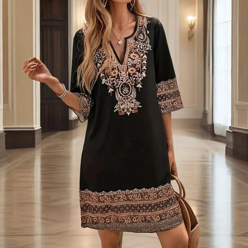 Women's V-Neck Middle Eastern Style Floral Print Midi Dress - Elegant Sleeve Design Lightweight Perfect For Spring&Summer Vacation & Daily Wear Lady T Fashions