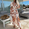 Women's Bohemian Flowy Maxi Dress - Charming V-Neck With Bell Sleeves, Bold Printed Pattern, Side Slit Design Lady T Fashions