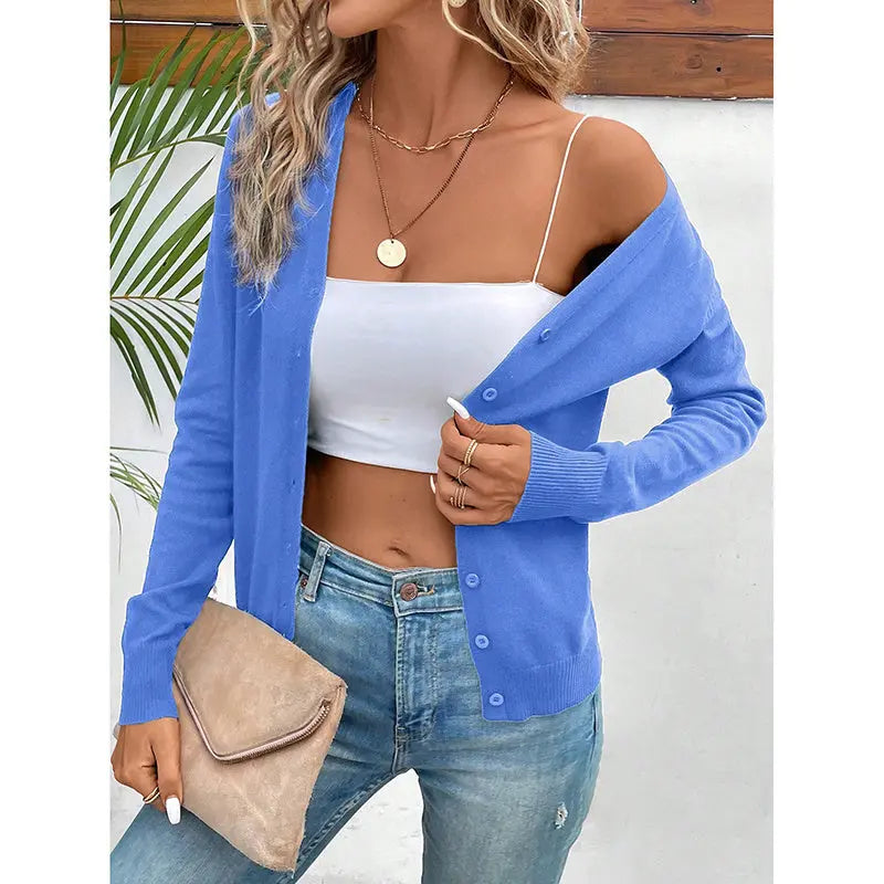 Women's Long Sleeve V-Neck Button Down Cardigan Knit Shrugs Sweater Lady T Fashions