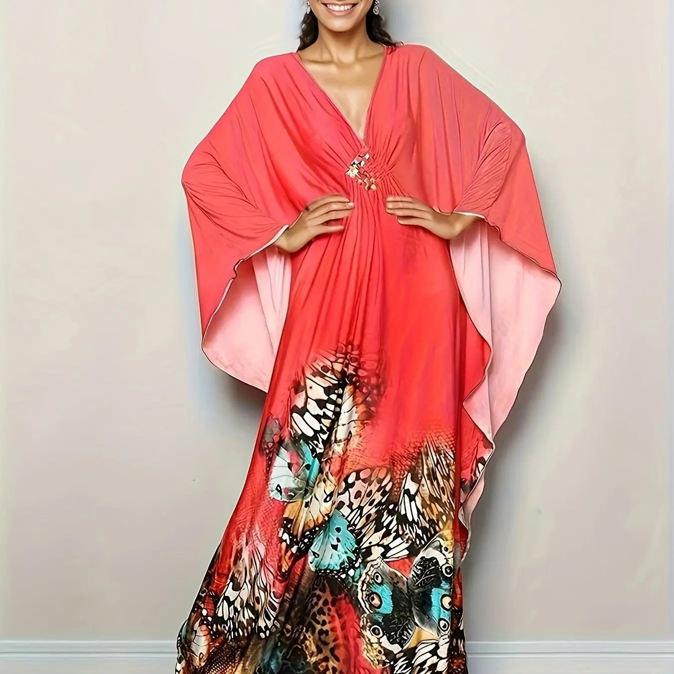 Plus Size Floral Print Dress - Elegant V-Neckline, Flowy Batwing Sleeves, Effortless Casual Style - Designed for Plus-Size Women, Ideal for Ramadan Celebrations and Everyday Wear Lady T Fashions