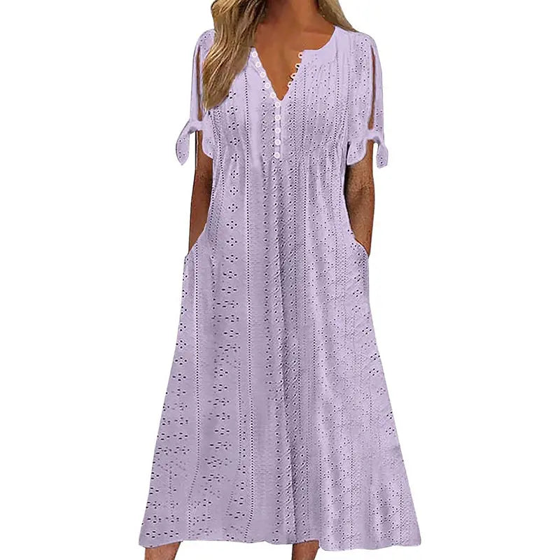 Women's Eyelet V-Neck Maxi Dress Short Sleeve Flowy A-Line Summer Beach Dress Lady T Fashions