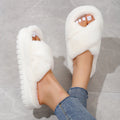 Women's Platform Fuzzy House Slippers, Open Toe Criss Cross Solid Color Casual Home Slides, Women's Indoor Flat Comfy Shoes Lady T Fashions