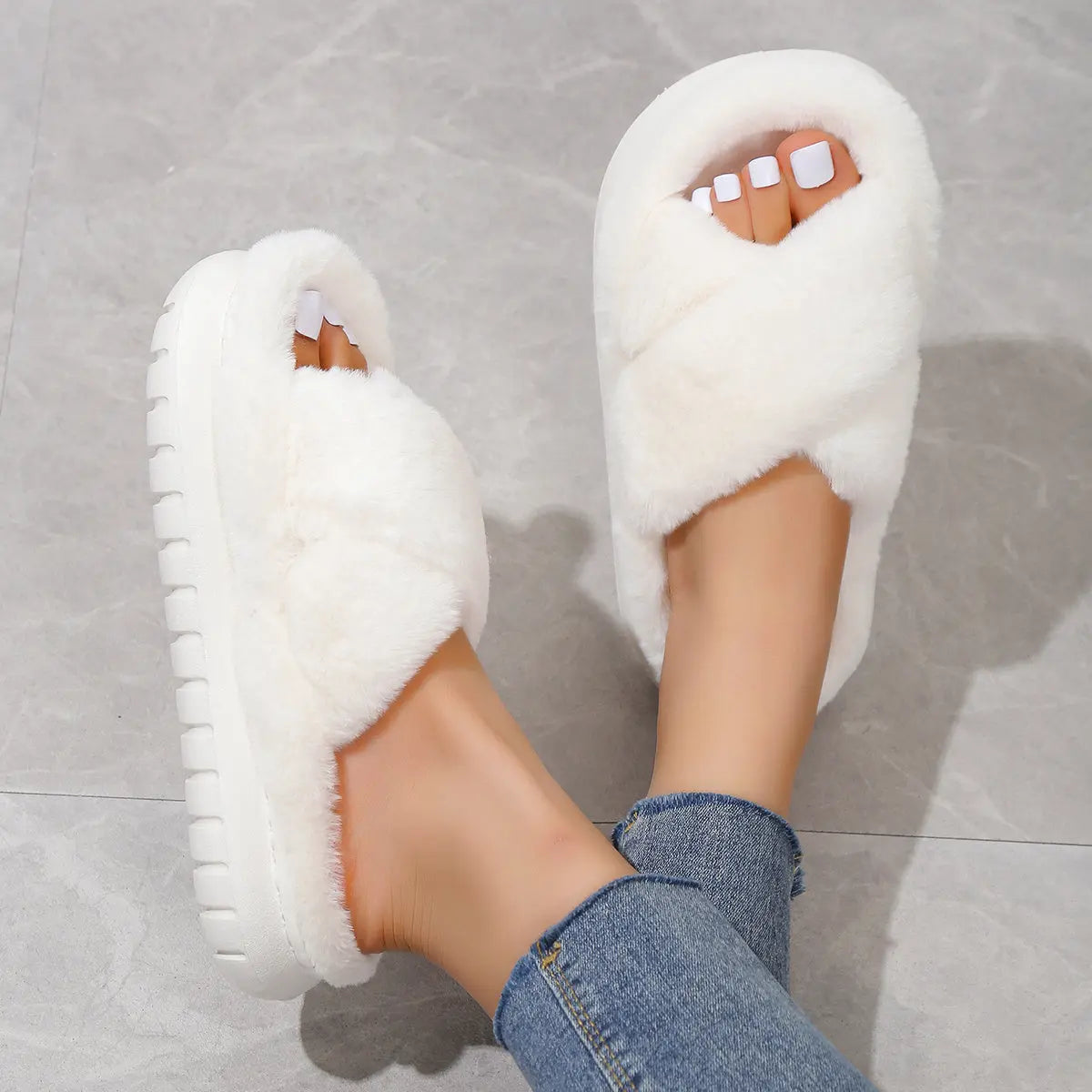 Women's Platform Fuzzy House Slippers, Open Toe Criss Cross Solid Color Casual Home Slides, Women's Indoor Flat Comfy Shoes Lady T Fashions