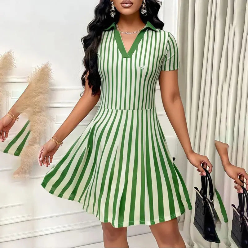 Women's Polo Dress Elegant Striped V Neck Short Sleeve A Line Dresses Lady T Fashions