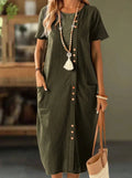 Women's Solid Color Button Front Short Sleeve Pocket Casual Dress Lady T Fashions