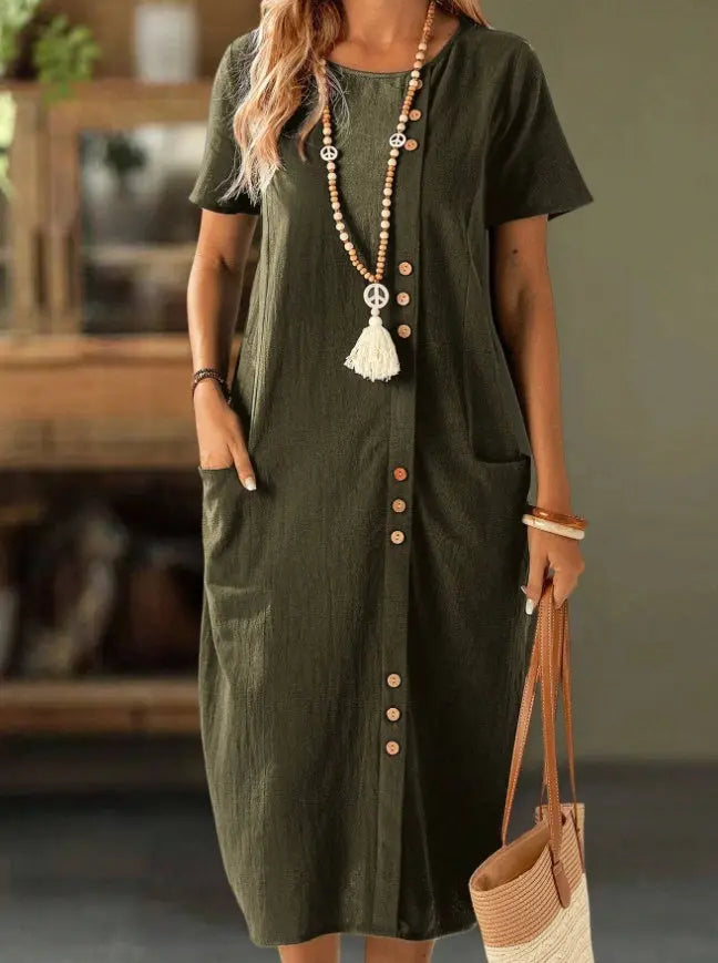 Women's Solid Color Button Front Short Sleeve Pocket Casual Dress Lady T Fashions