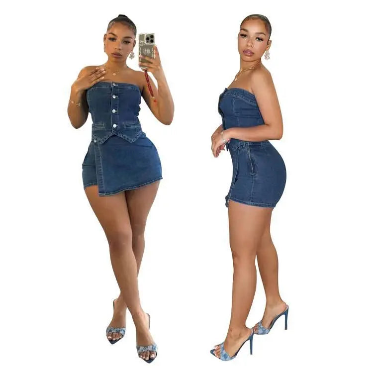 Slim Fit Denim Suit Sexy Sleeveless Tube Top Shorts Casual Lady T Fashions