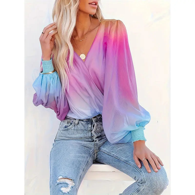 Womens V Neck Gradient Color Long Sleeve Tops 2025 Summer Casual Loose Puff Sleeve Chiffon Shirts Lady T Fashions