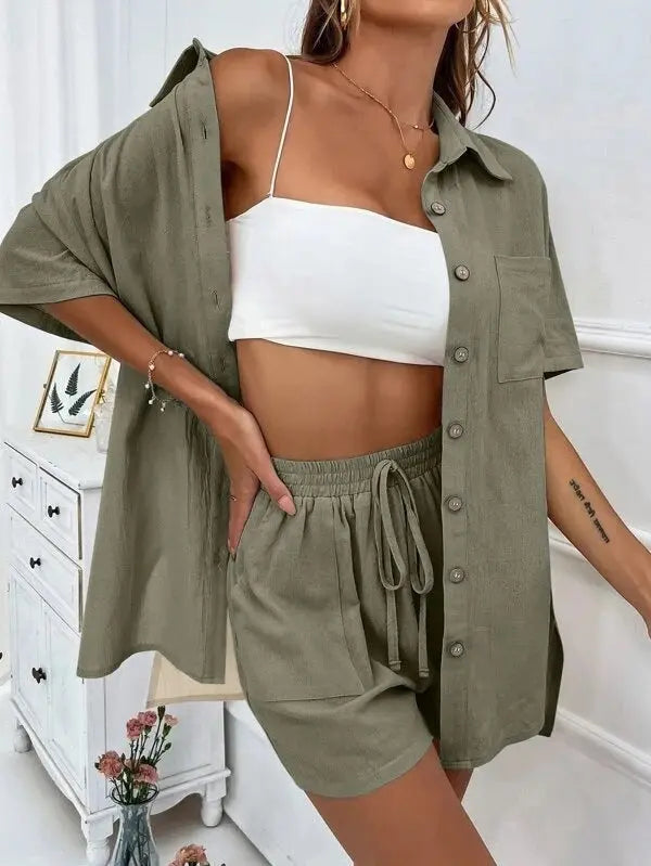 Women's Fashion Shorts Two Pieces Solid Color Shirt Suit Lady T Fashions