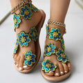 [Flowers Flat Women's Sandals] Women's Flowers Flat Sandals, Fashion Toe Loop Faux Pearl Slip On Shoes, Casual Beach Travel Sandals Lady T Fashions
