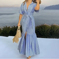 Women's Summer Casual Striped Button Down Maxi Dress Tie Waist Short Sleeve Shirt Dress With Pockets Lady T Fashions