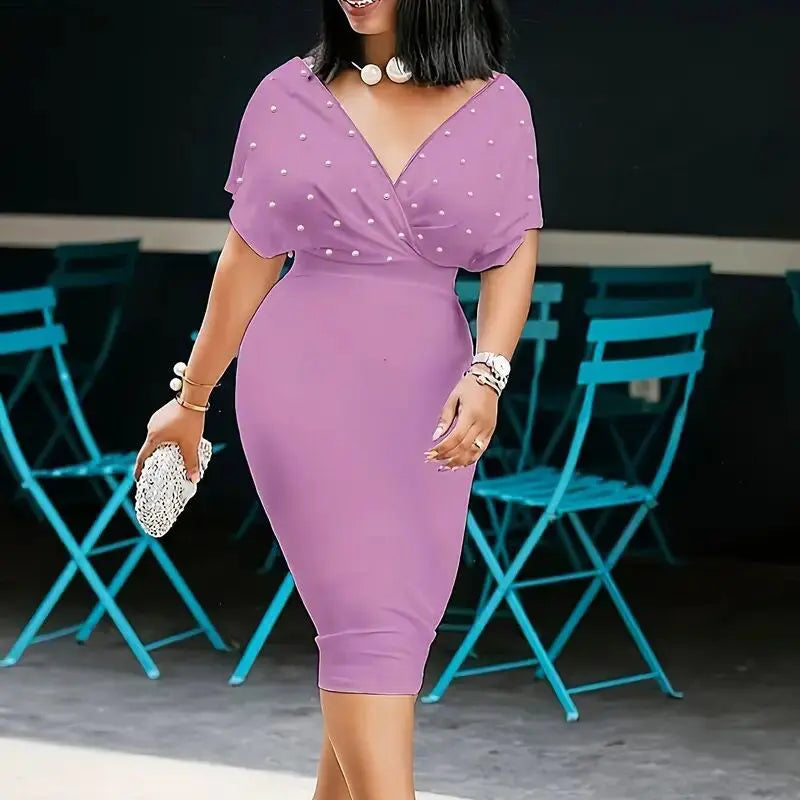 Women's Elegant Deep V Neck Wrap Bodycon Dress Back Zipper Pencil Midi Dress Lady T Fashions