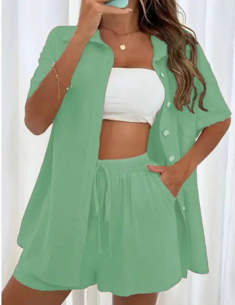 Women's Fashion Shorts Two Pieces Solid Color Shirt Suit Lady T Fashions