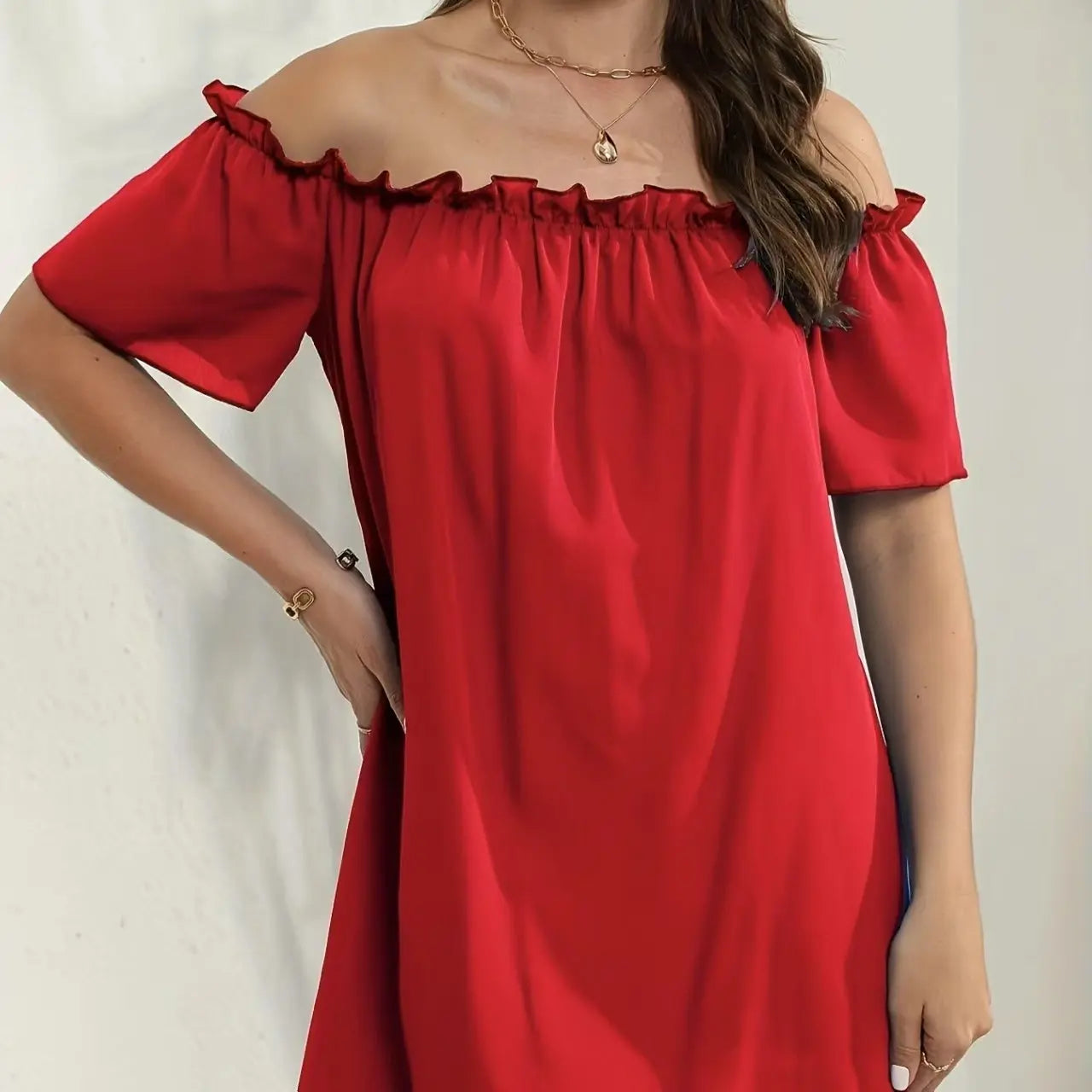 Ladies' Fashion Off Shoulder Ruffle Solid Color Decorative One Shoulder Casual Dress Lady T Fashions