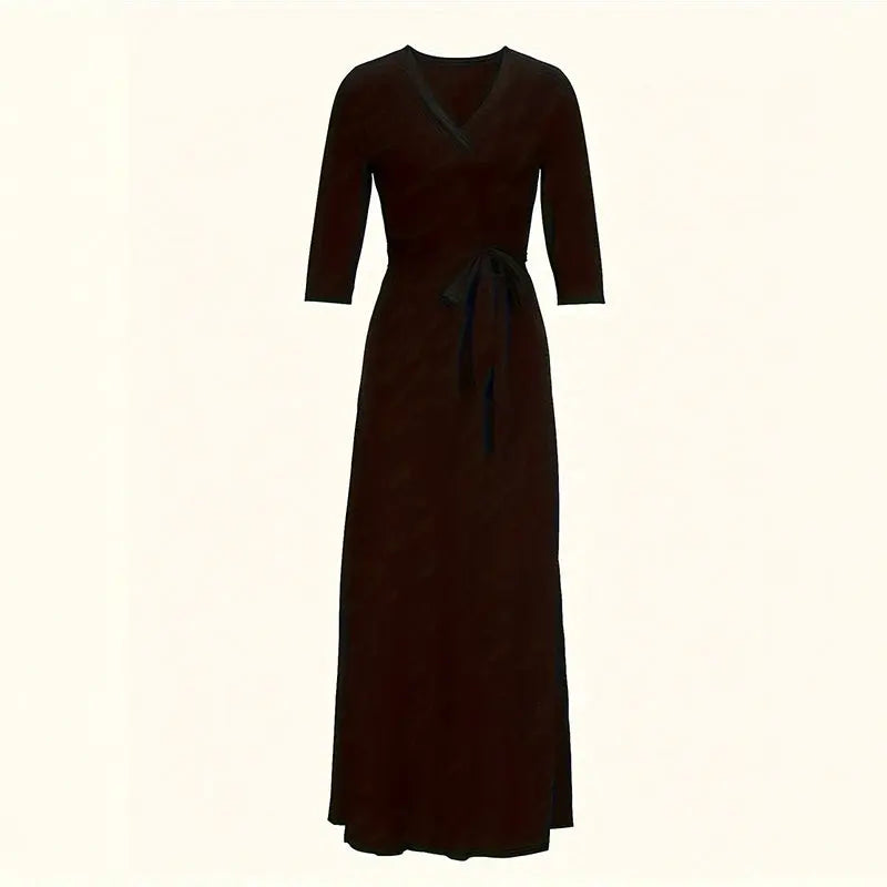 Women's V-Neck Elegant Half-Sleeve Belted Waist Print Maxi Dress For Spring&Summer Dress Lady T Fashions