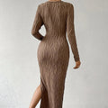 Women's Crew Neck Long Sleeve Ribbed Dress Side Slit Knit Bodycon Midi Dress Lady T Fashions