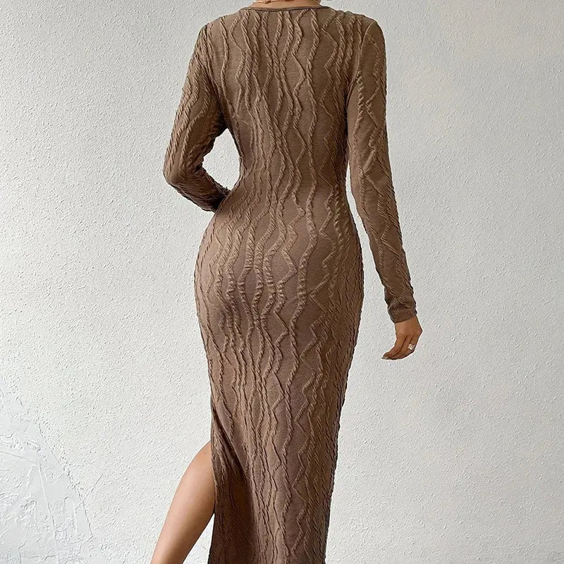 Women's Crew Neck Long Sleeve Ribbed Dress Side Slit Knit Bodycon Midi Dress Lady T Fashions