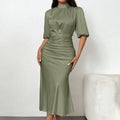 Women's Short Sleeve Mock Neck Ruched Midi Dress Slim Fit Elegant Party Dress Lady T Fashions