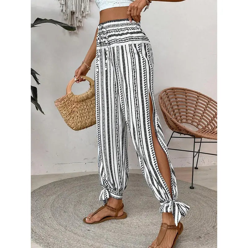 Women's Fashion Striped Long Pants Side-Slit Design Trendy Casual Trousers Lady T Fashions