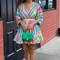Women's V-Neck Rainbow Stripe Short Dress Three Quarters Sleeve Casual Summer Sundress With Tie Waist Lady T Fashions