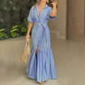 Women's Summer Casual Striped Button Down Maxi Dress Tie Waist Short Sleeve Shirt Dress With Pockets Lady T Fashions