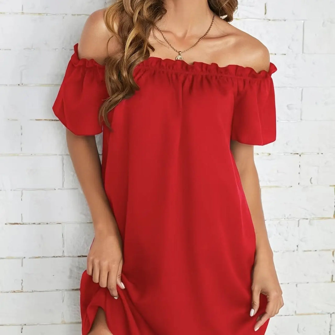 Ladies' Fashion Off Shoulder Ruffle Solid Color Decorative One Shoulder Casual Dress Lady T Fashions