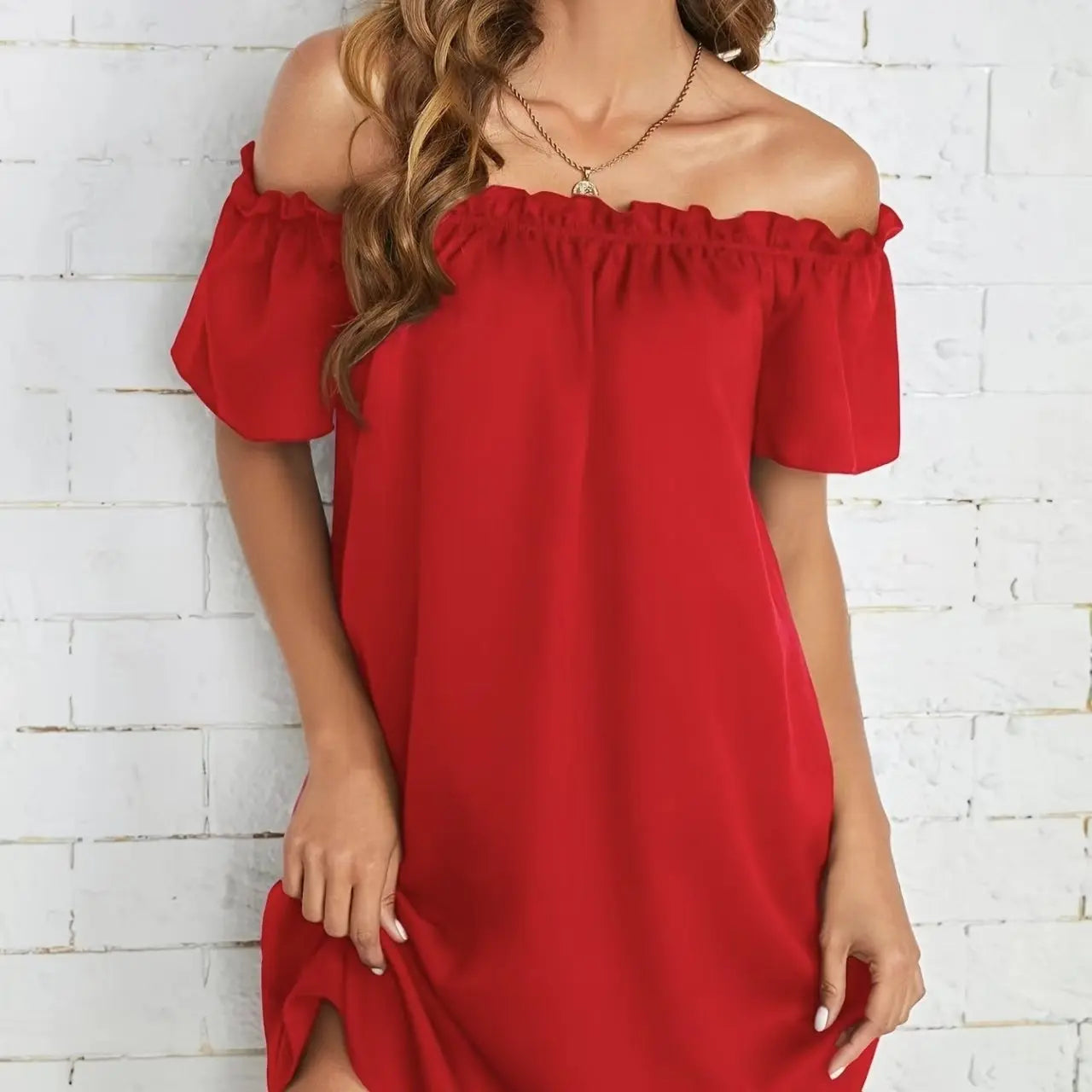 Ladies' Fashion Off Shoulder Ruffle Solid Color Decorative One Shoulder Casual Dress Lady T Fashions