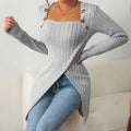 Elegant Women's Solid Color Slim-Fit Long Sleeve Top - Square Neck & Button Detail With Asymmetric Hem, Casual Fall&Spring Blouse Lady T Fashions