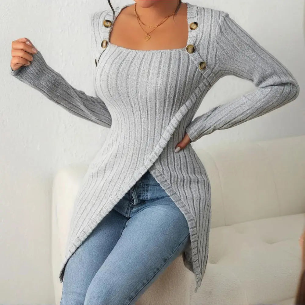 Elegant Women's Solid Color Slim-Fit Long Sleeve Top - Square Neck & Button Detail With Asymmetric Hem, Casual Fall&Spring Blouse Lady T Fashions