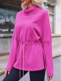 Fisoew Women's Turtleneck Sweatshirts Fleece Drawstring Waist Casual Long Sleeve Pullover Sweater Side Slit Tunic Tops Lady T Fashions