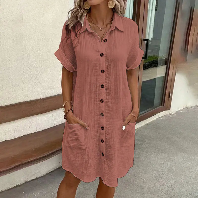 Women's Dress Summer Casual Collar Button Down Short Sleeve Tunic Shirt Dress With Pockets Lady T Fashions