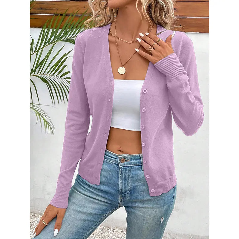 Women's Long Sleeve V-Neck Button Down Cardigan Knit Shrugs Sweater Lady T Fashions