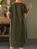 Women's Solid Color Button Front Short Sleeve Pocket Casual Dress Lady T Fashions