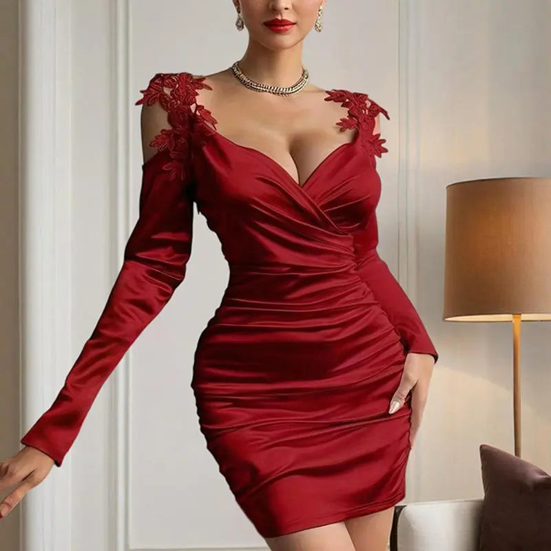 Women's Elegant V-Neck Long Sleeve Lace Sheath Dress - Off Shoulder, Backless, Slim-Fitting Satin Evening Gown With Ruffled Detail Lady T Fashions